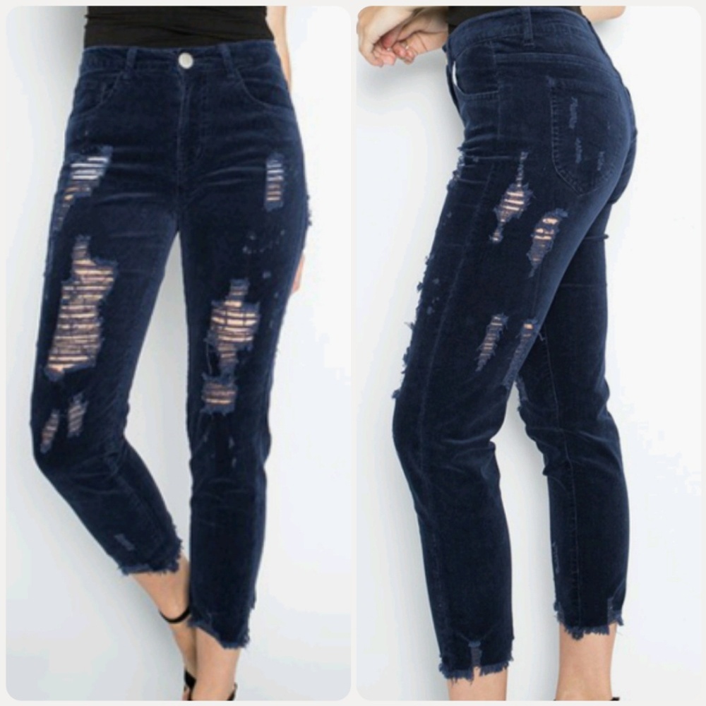 KC-95435 Navy Blue Skinny Destroyed Corduroy Jeans